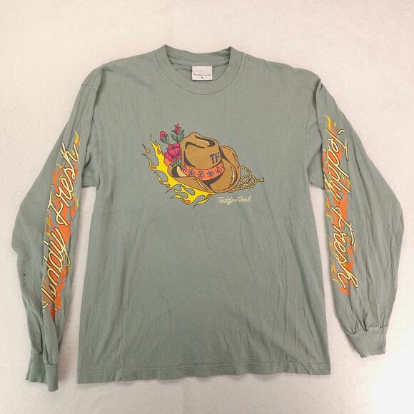 Teddy Fresh Casual Long Sleeve Crew Neck Graphic T Shirt Mens Size M Green - Picture 2 of 11